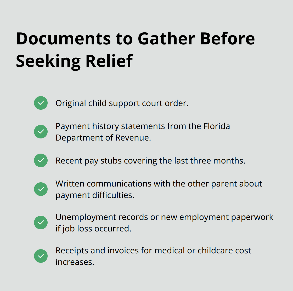 Checklist of documents needed for child support arrears and modification in Florida - Child support arrears Melbourne