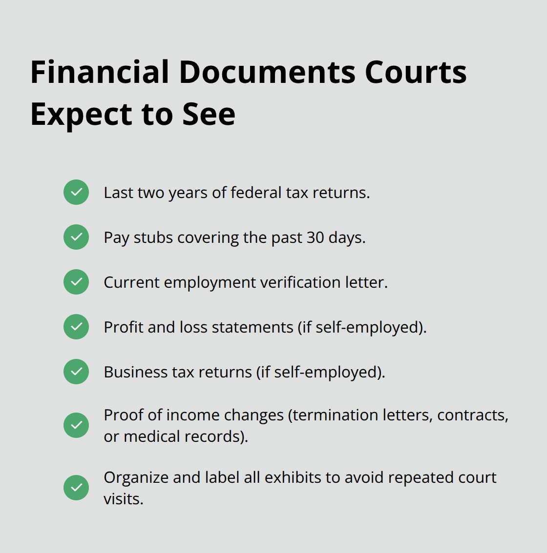 Checklist of documents commonly required for Florida child support modifications.