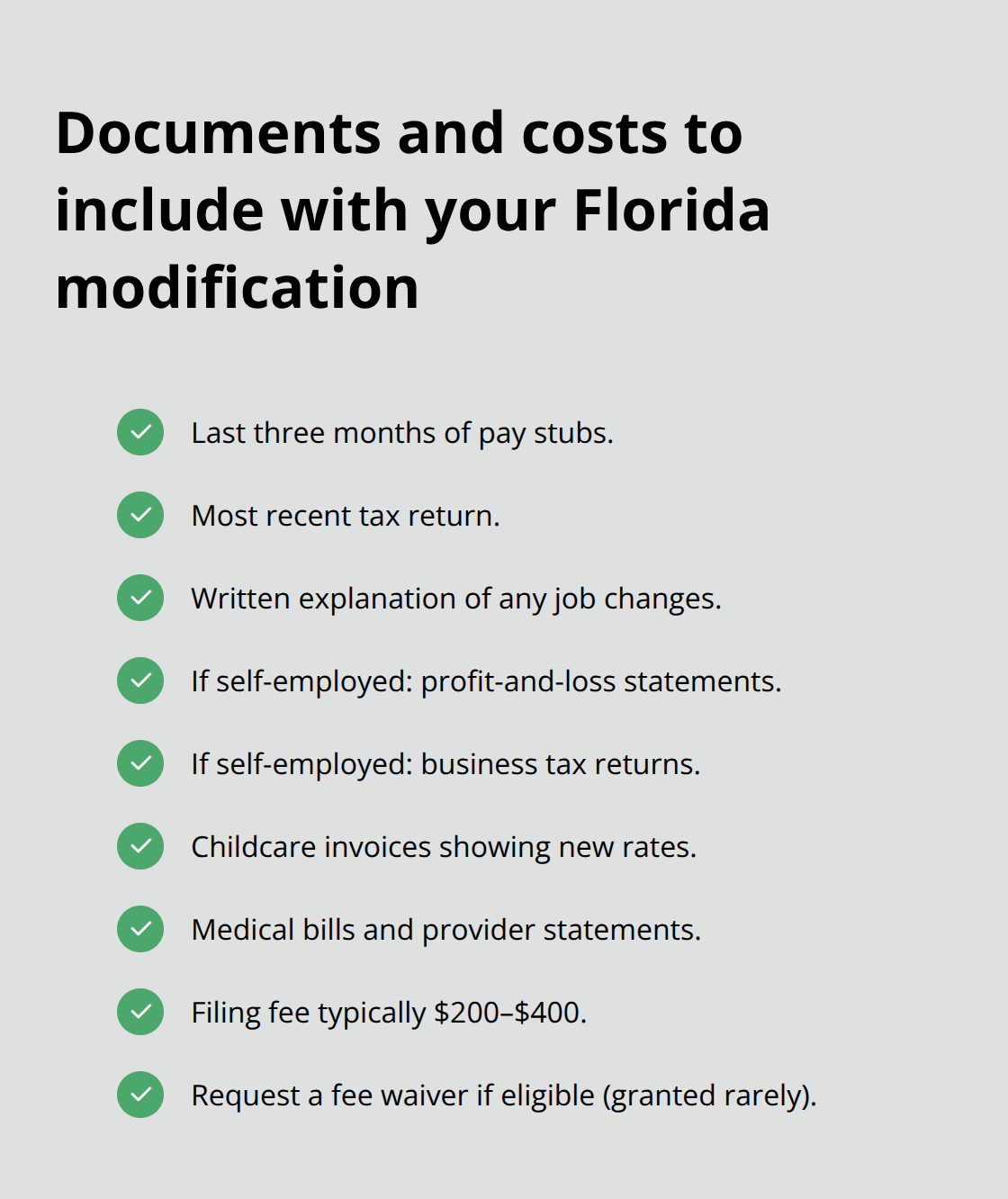 Checklist of required documents and typical fees for a Florida child support modification - Child support modification Florida