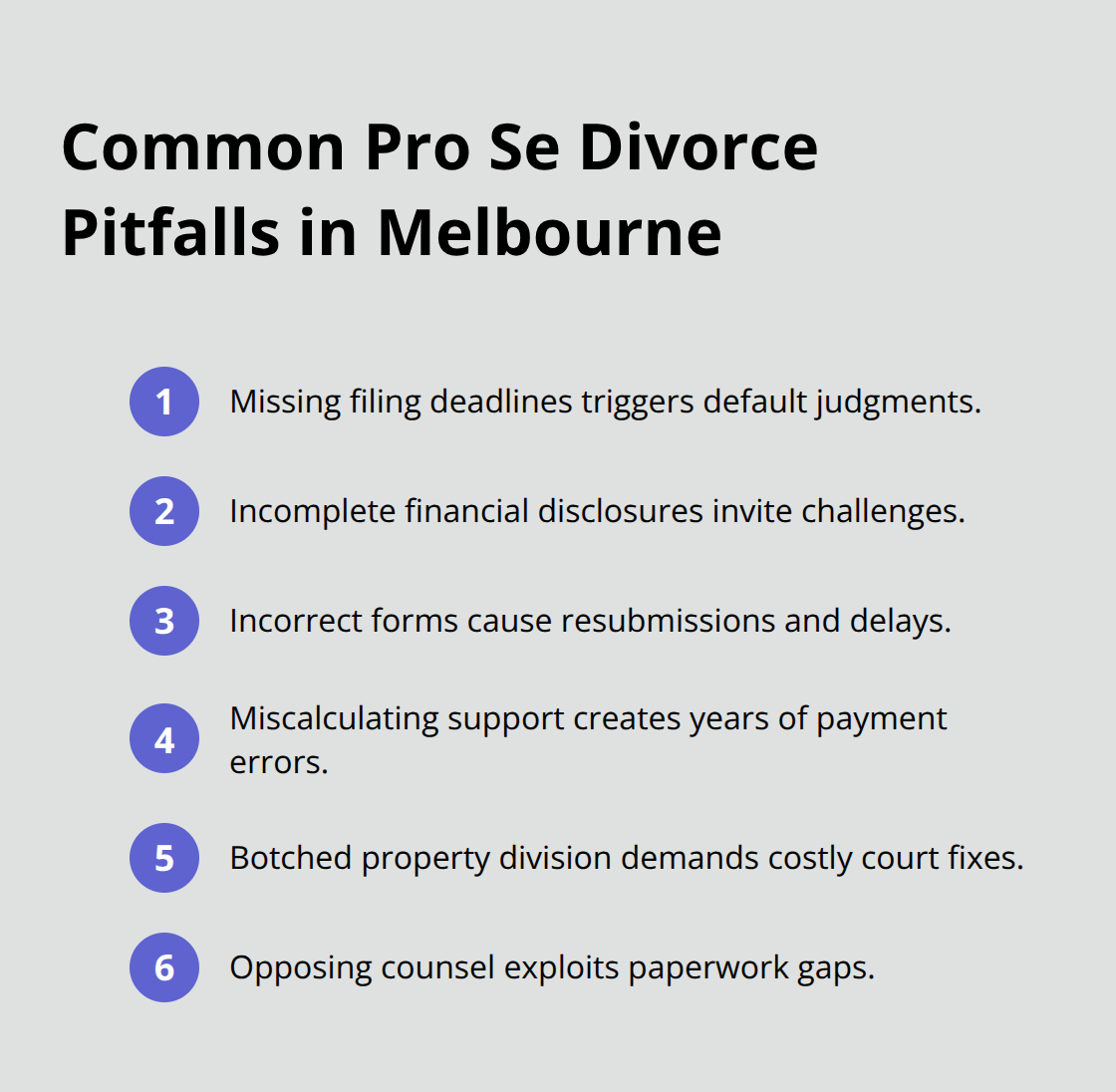 List of costly self-representation mistakes in Melbourne divorces - Divorce without lawyer Melbourne