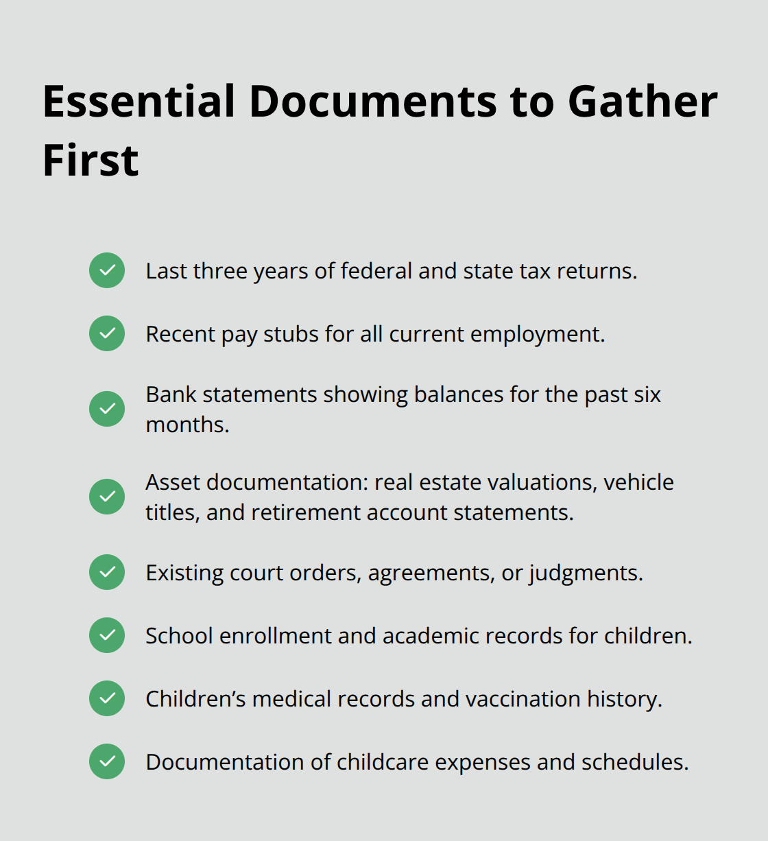 Checklist of required documents for Florida family law cases