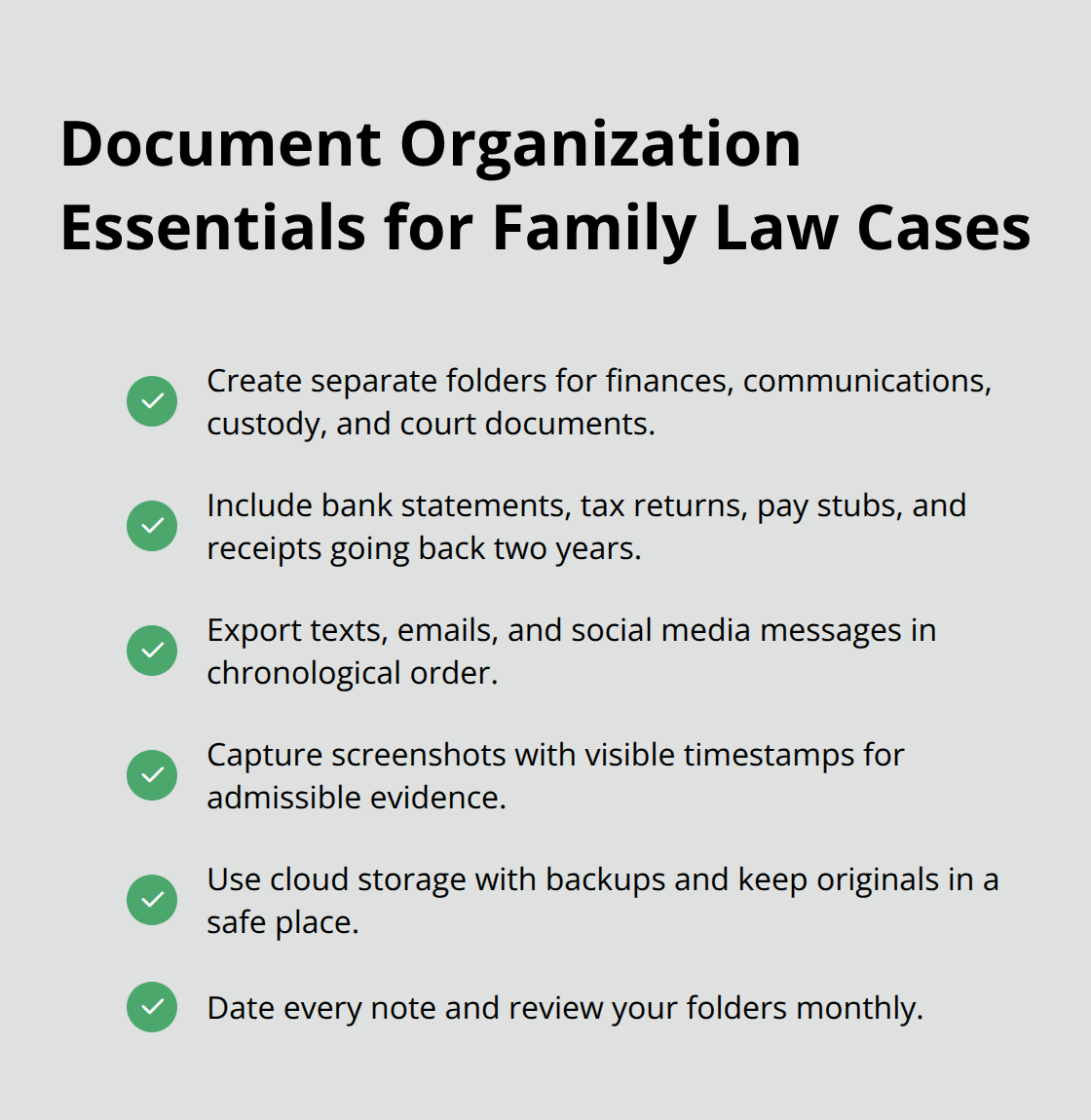 Checklist of key steps to organize family law documents effectively