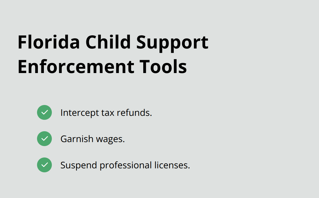 Checkmark list of common enforcement actions when child support payments fall behind in Florida. - Melbourne FL family law