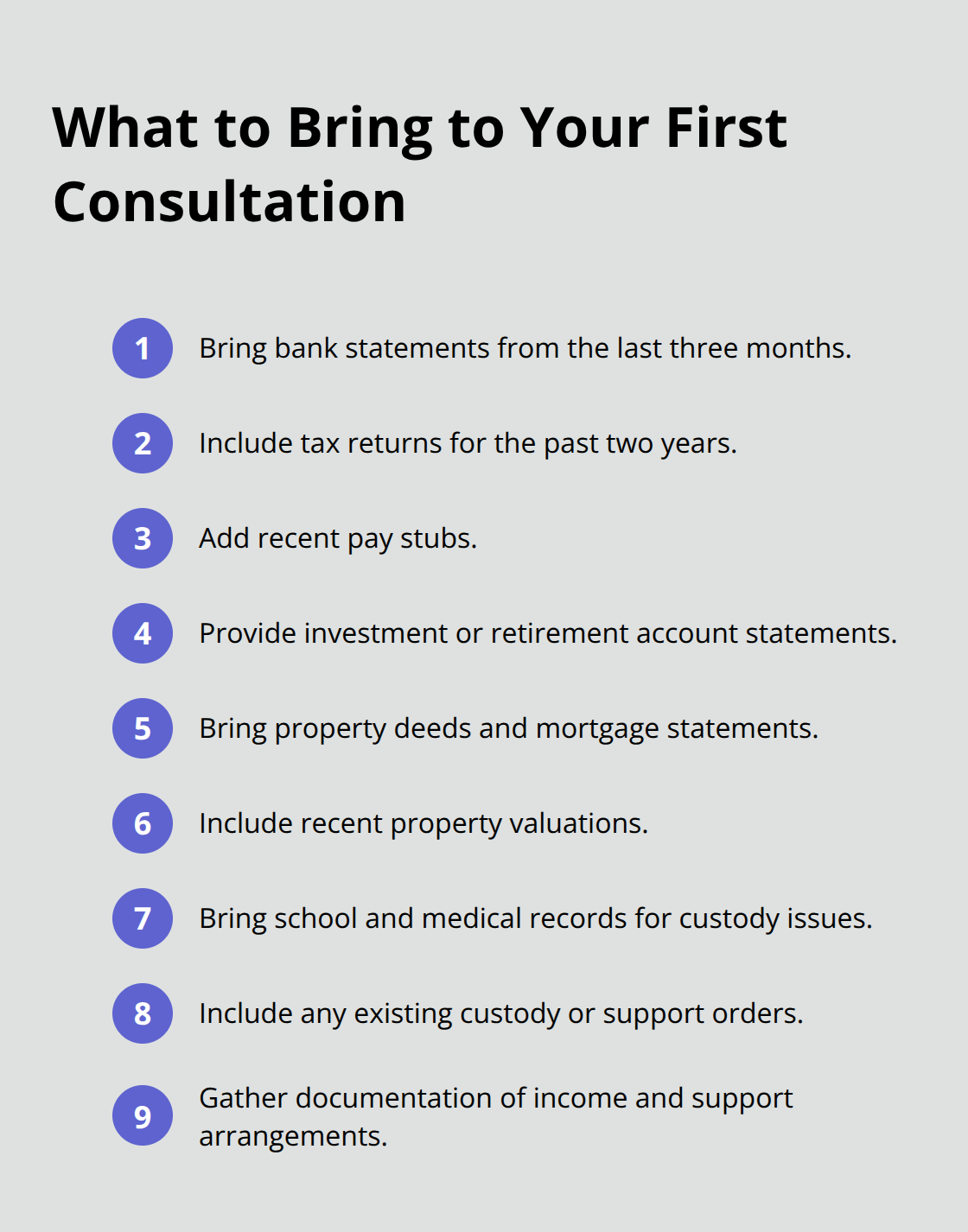 Compact checklist of key documents to bring to your first family law consultation - Melbourne family law attorney