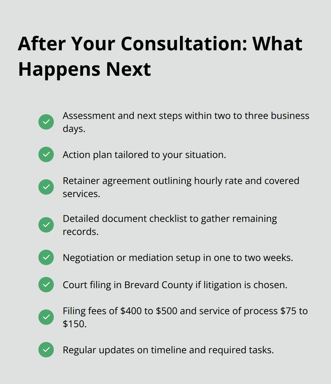Checkmark list of post-consultation steps, timelines, and typical fees