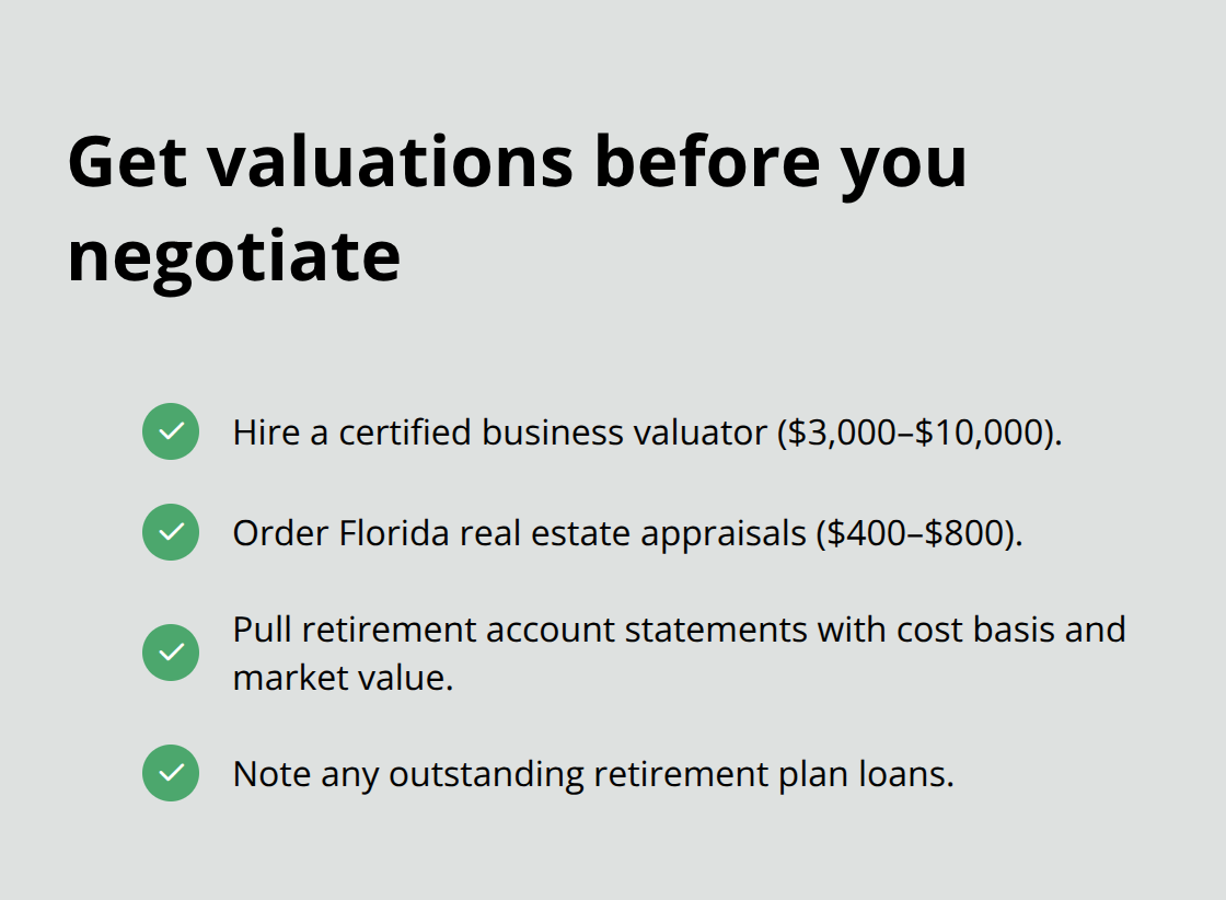 Checklist of valuation steps and typical costs in Florida divorces - Property division Florida divorce