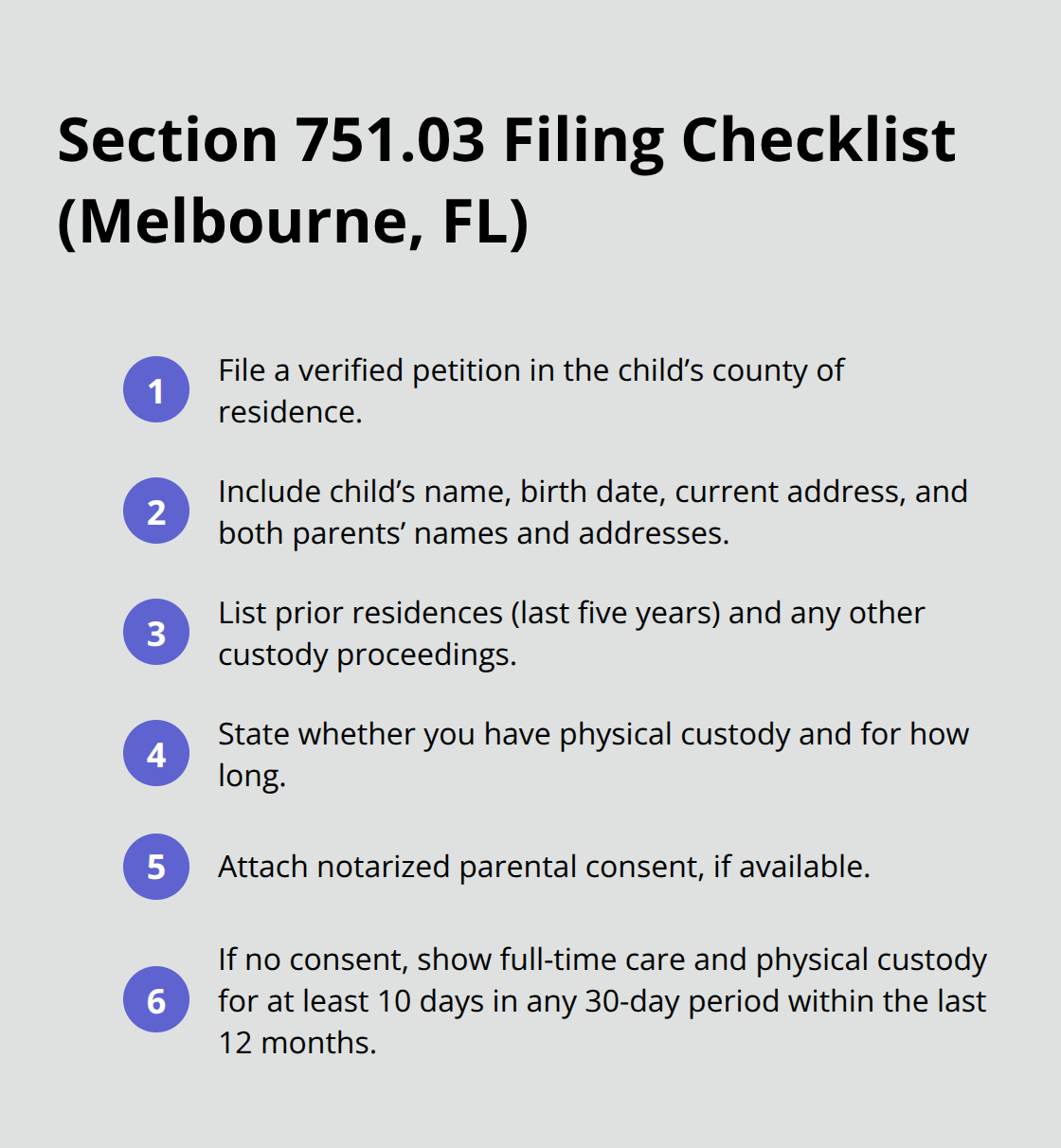Compact checklist of items required in a Florida Section 751.03 temporary custody petition. - Temporary custody order Florida