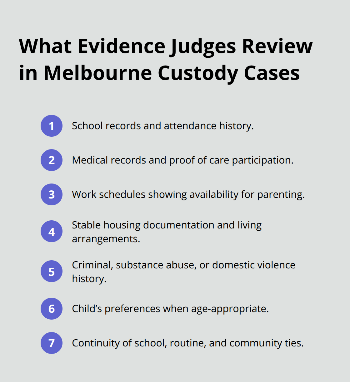 Compact list of the key evidence Melbourne, Florida judges review in custody cases - child custody Melbourne Florida