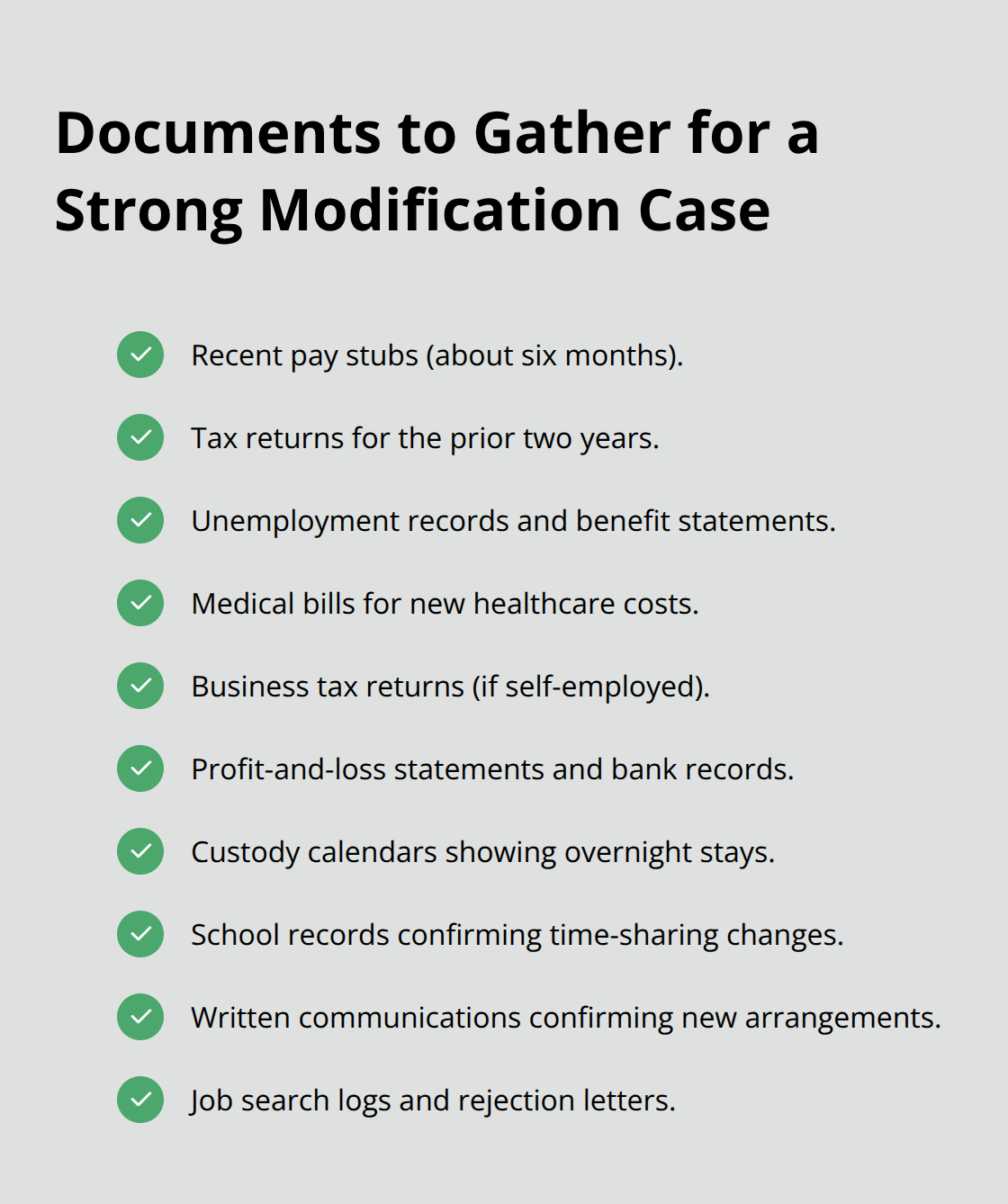 Checklist of evidence to support a Florida child support modification in Melbourne, FL