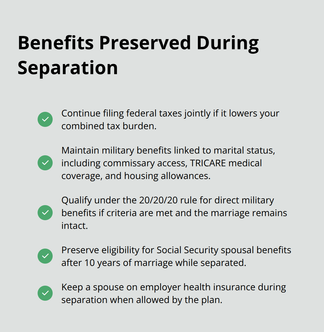 Checklist of financial and legal benefits that can continue during separation in Florida. - difference between divorce and legal separation