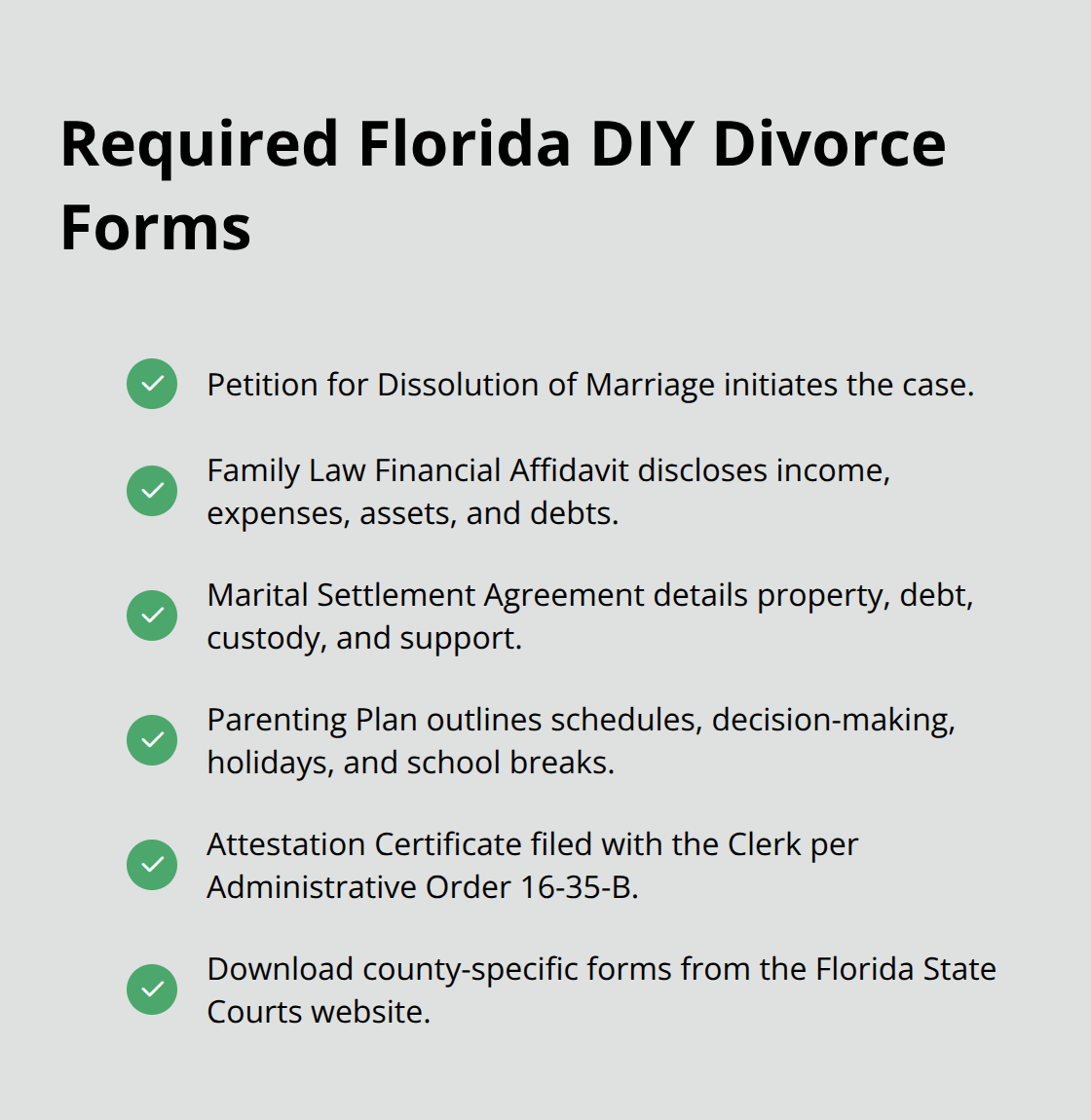 Checklist of essential Florida divorce forms and documents - divorce without a lawyer