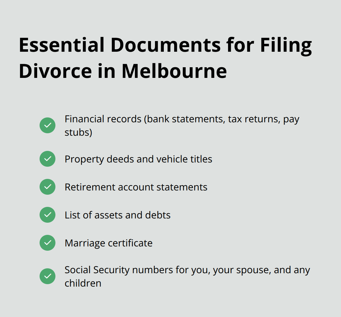 Checklist of essential documents needed when filing for divorce in Melbourne, including financial records, property deeds, and personal information - how to file for divorce in Melbourne Florida