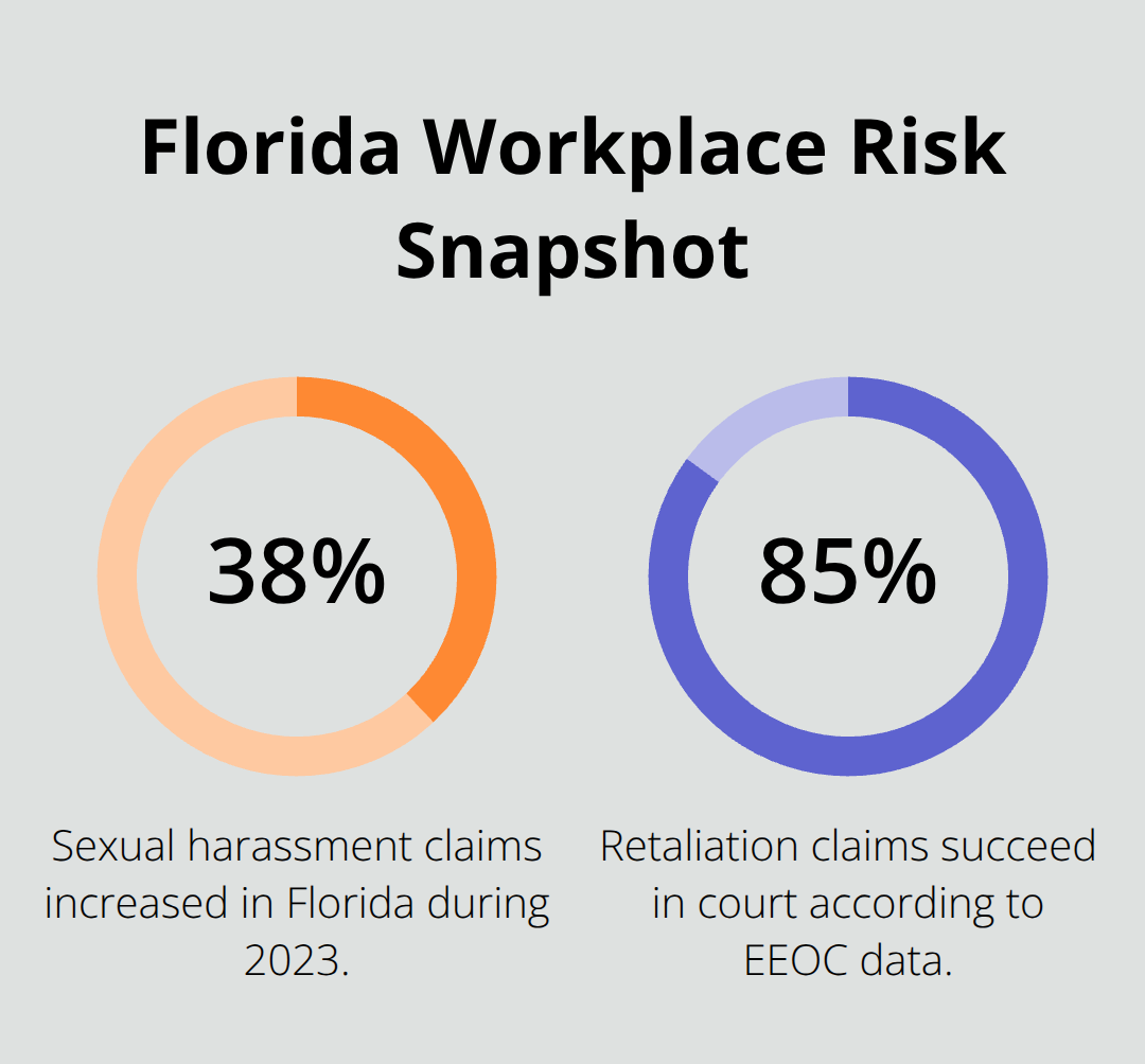 Percentages highlighting harassment increase and retaliation claim success in Florida - legal advice for business owners
