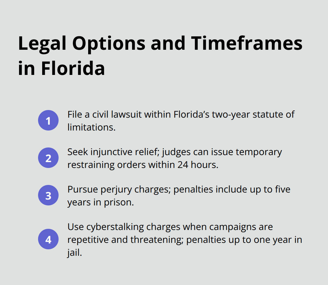 Compact list of key legal options, deadlines, and penalties for defamation-related actions in Florida. - legal advice for defamation of character