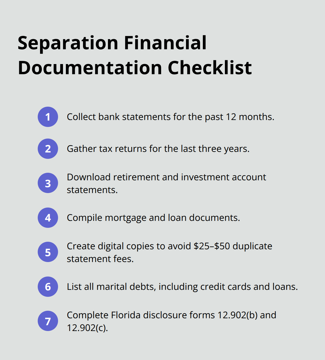 Checklist of essential financial documents to gather during separation in Florida - legal advice when separating