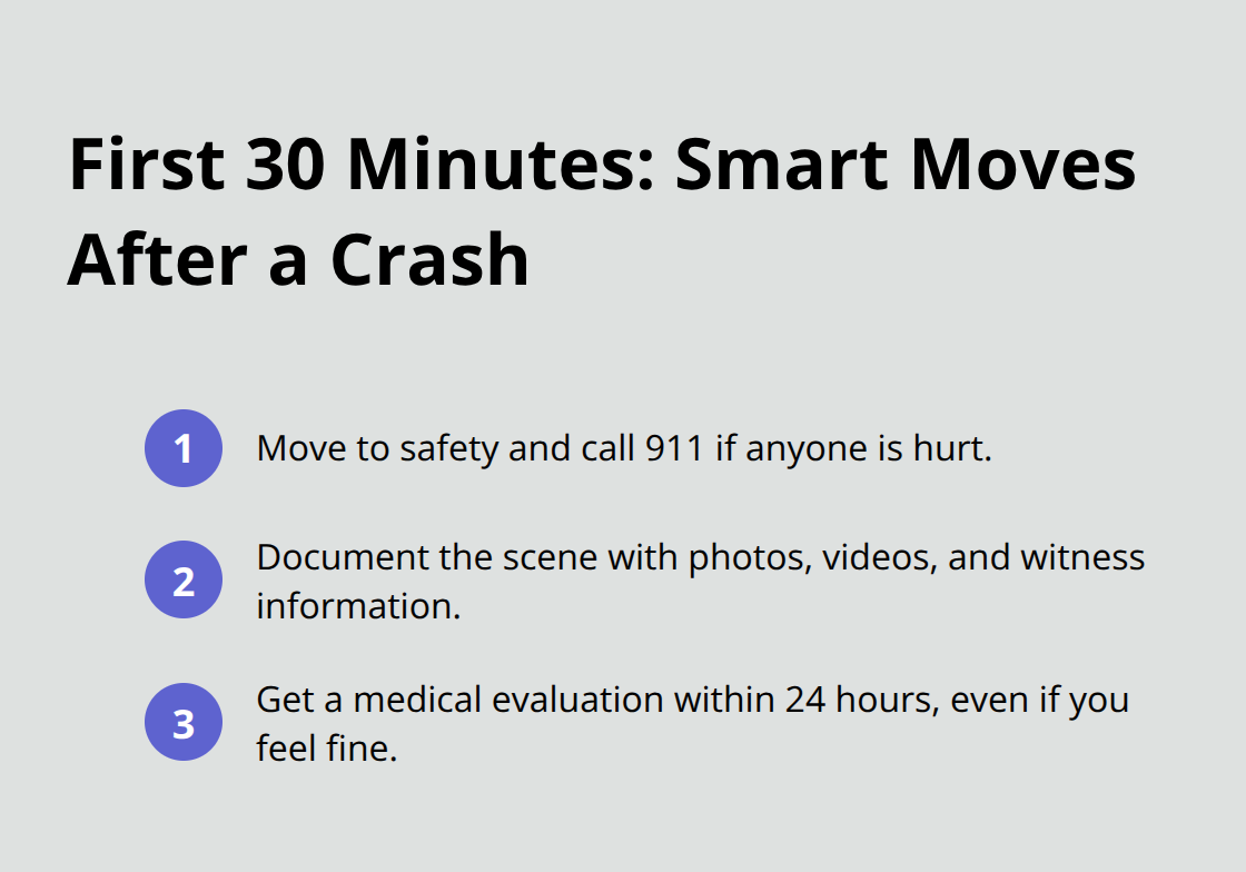 Three quick steps to protect your claim in the first 30 minutes after a motor accident.