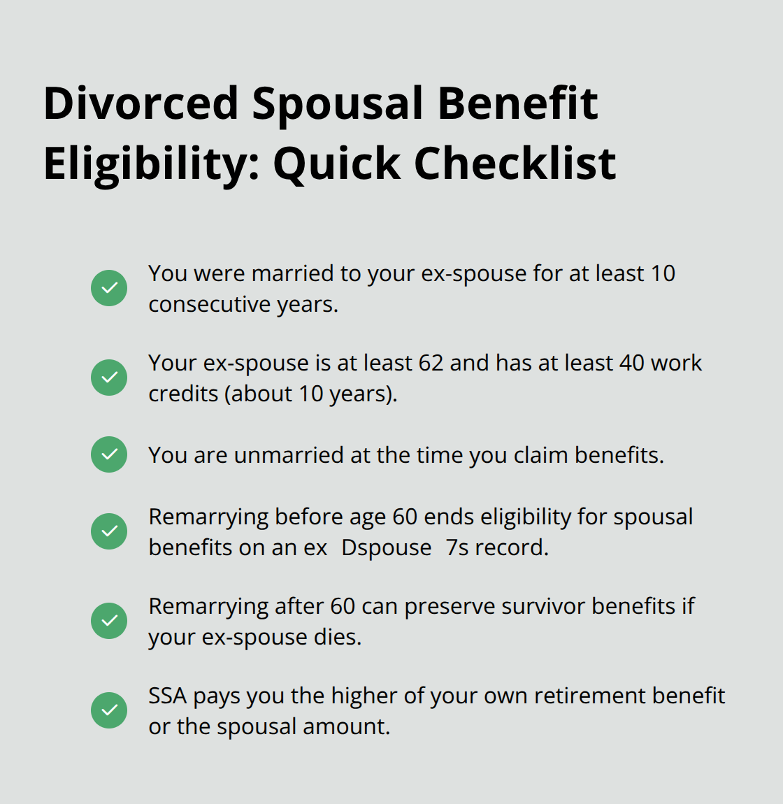 Checklist of core eligibility rules for divorced spousal Social Security benefits in the U.S. - spousal social security benefits after divorce