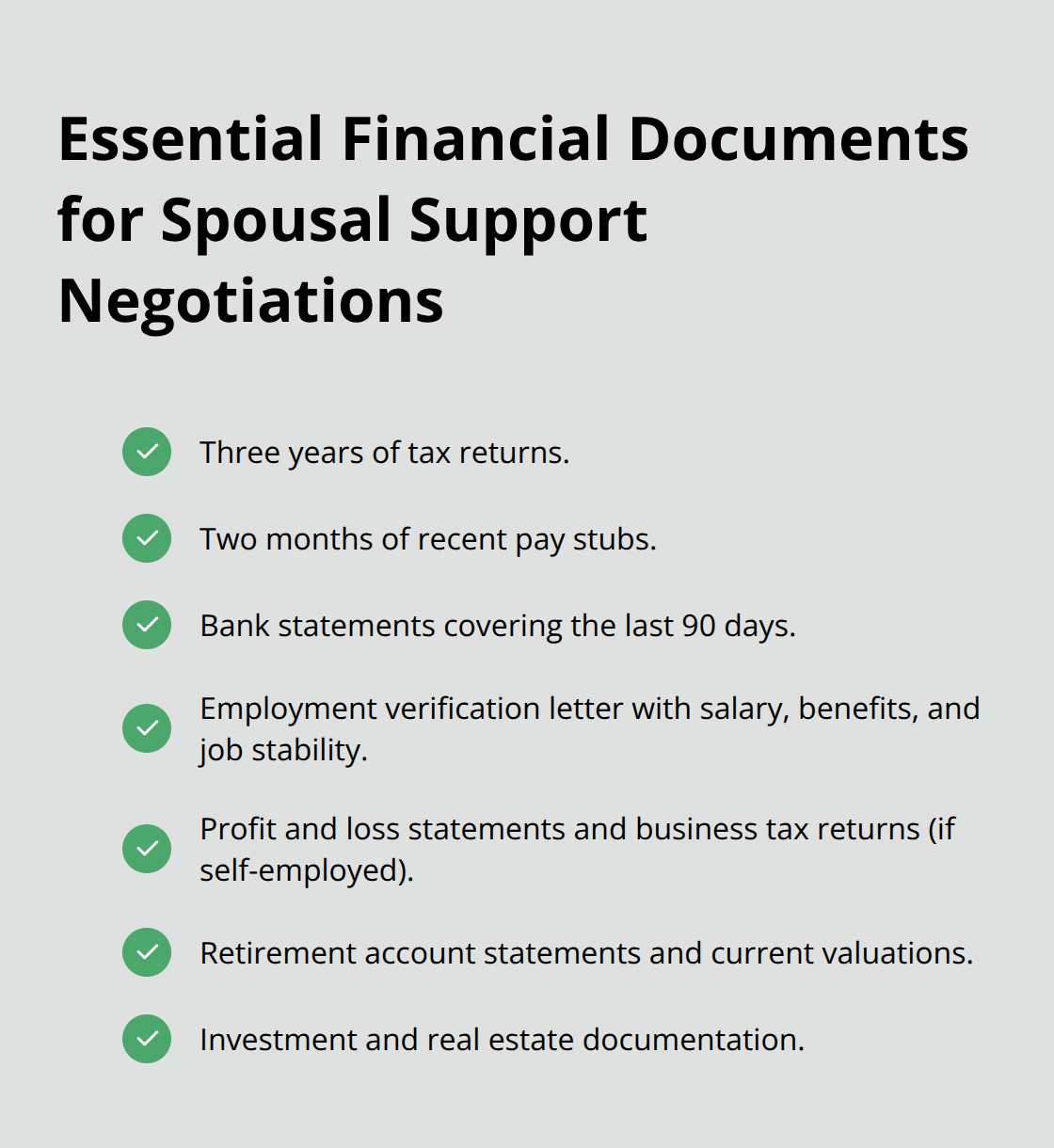 Checklist of documents to gather for Florida spousal support cases