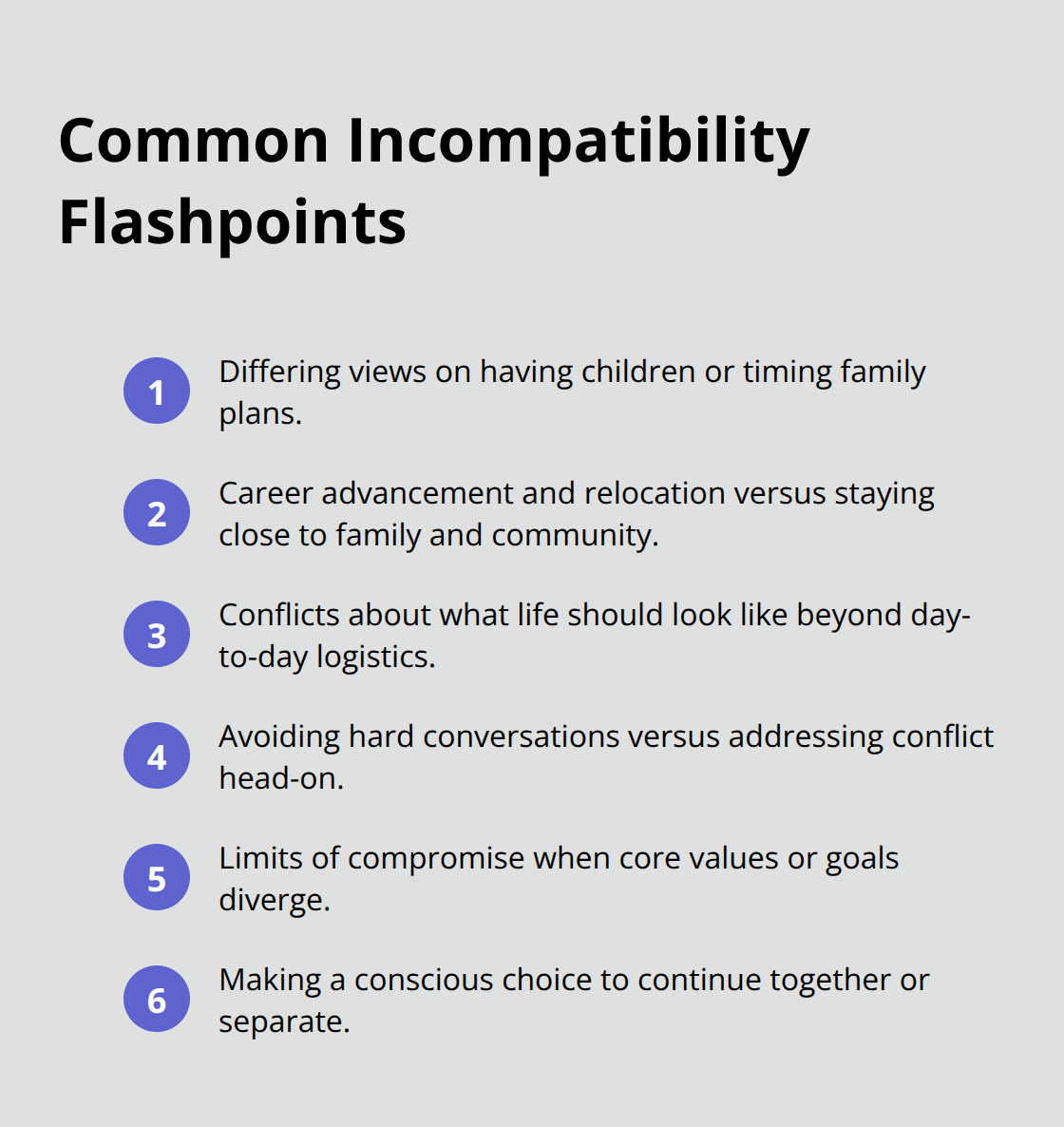 Compact list of frequent incompatibility flashpoints that strain marriages. - top causes of divorce